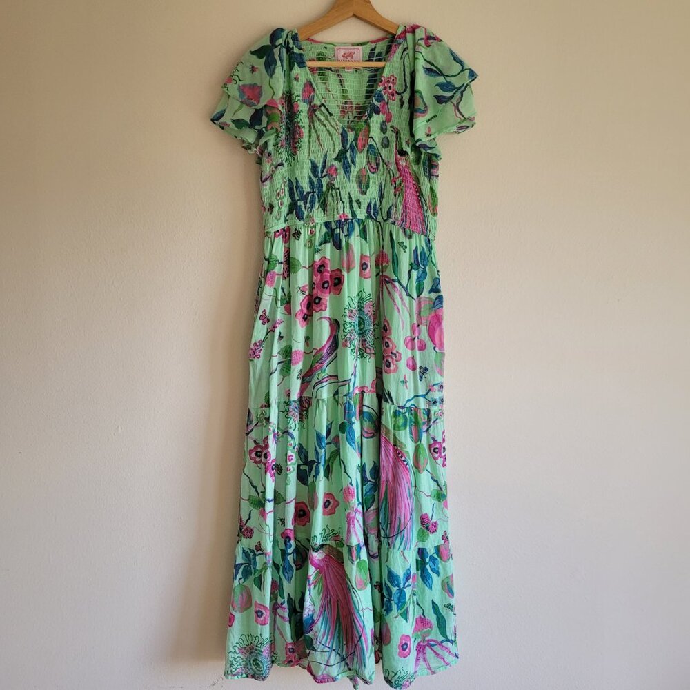 Banjanan Ira Ruffle Sleeve Maxi Dress Green Floral Peacock with Pockets Large